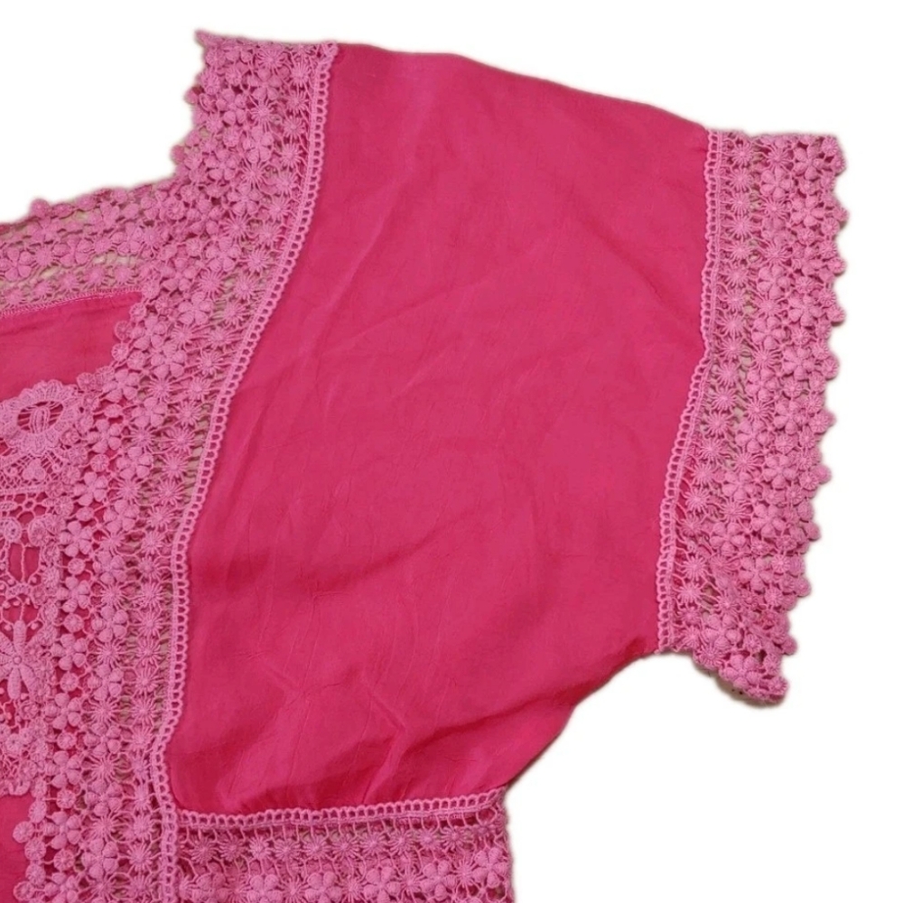 Johnny Was Boho Crochet Lace Georgette Top Woman XXL Crinkle Barbie Pink Coastal - Picture 9 of 15